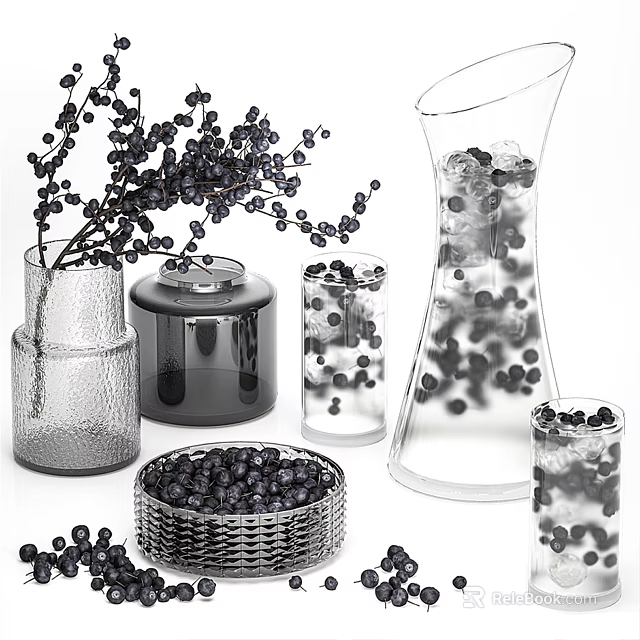 Glass Vases and Decorative Jars with Black Berries in Woven Basket and Pitcher 3d model 