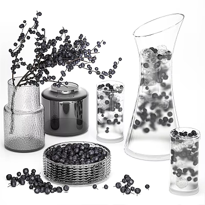 Glass Vases and Decorative Jars with Black Berries in Woven Basket and Pitcher 3d model