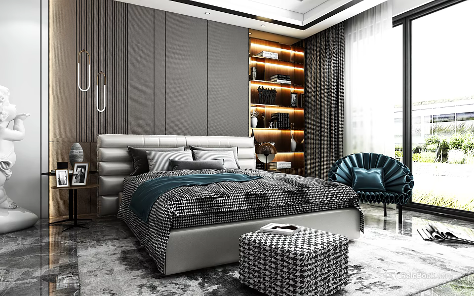 Modern Bedroom Interior Featuring Bed Backdrop White Headboard Blue Accent Chair And Window View 3d model 