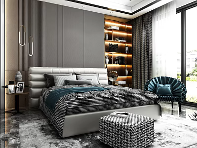 Modern Bedroom Interior Featuring Bed Backdrop White Headboard Blue Accent Chair And Window View 3d model