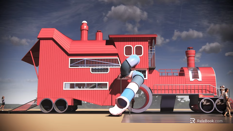 Colorful Park Landscape With Red Train Shaped Building And Blue And White Slide 3d model 