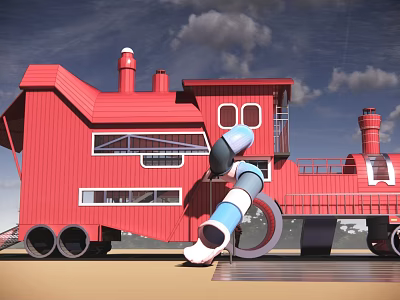 Colorful Park Landscape With Red Train Shaped Building And Blue And White Slide 3d model