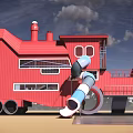 Colorful Park Landscape With Red Train Shaped Building And Blue And White Slide