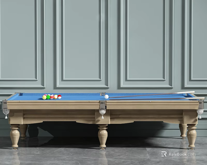 Classic Billiard Table With Blue Felt Colorful Balls And Gray Paneled Walls 3d model 