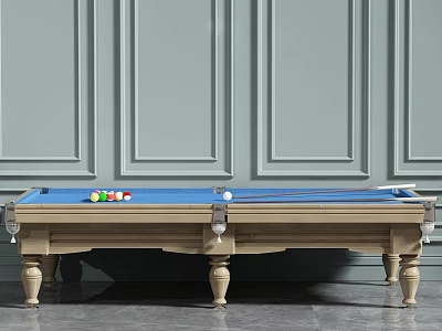 Classic Billiard Table With Blue Felt Colorful Balls And Gray Paneled Walls 3d model