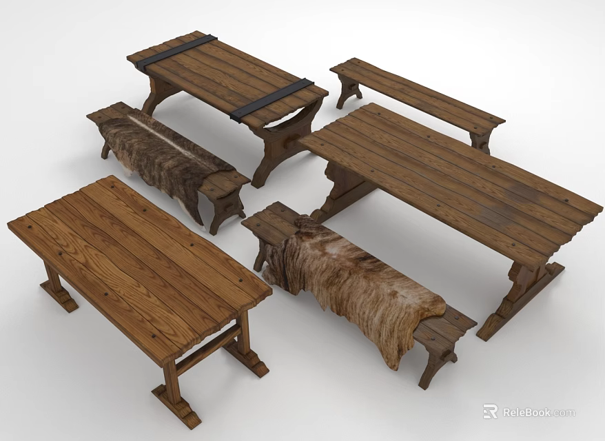 Rustic Wooden Dining Table Set With Benches And Traditional Design Elements 3d model 