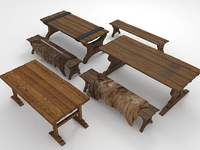 Rustic Wooden Dining Table Set With Benches And Traditional Design Elements 3d model