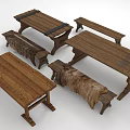 Rustic Wooden Dining Table Set With Benches And Traditional Design Elements 3d model