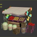Fresh Fruit Stall With White Canopy Colorful Red Yellow Green Fruits Wooden Barrels And Crates