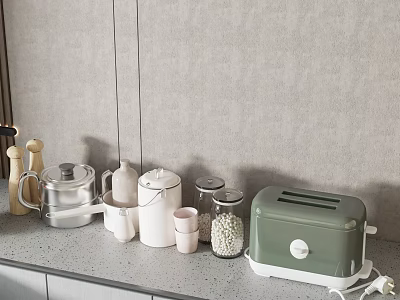 Modern Kitchenware on Gray Countertop with Silver Pot White Jars Pink Cups and Green Toaster 3d model