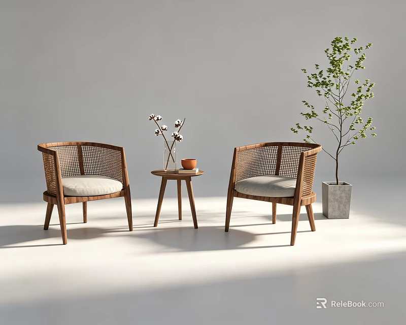 Rattan Leisure Chairs With Wooden Frame Light Cushion Small Side Table And Green Plant 3d model 