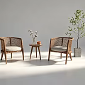Rattan Leisure Chairs With Wooden Frame Light Cushion Small Side Table And Green Plant