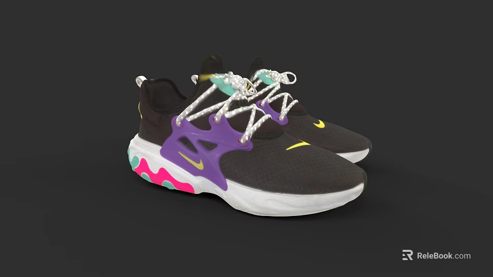 Black Running Shoes with Purple Accents White Laces and Colorful Sole Design 3d model 