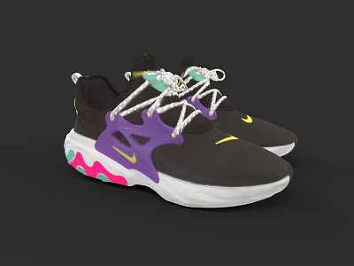Black Running Shoes with Purple Accents White Laces and Colorful Sole Design 3d model