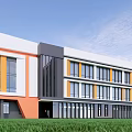 Modern School Building Featuring White Roof Orange Walls Black Lines Large Glass Windows And Lawn