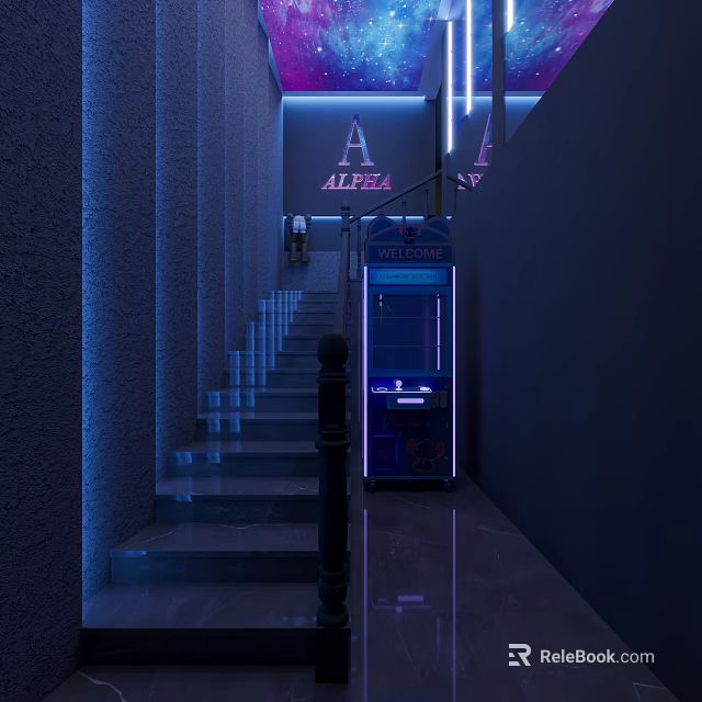 Modern Store Front Desk With Neon Sign Staircase And Vending Machine 3d model