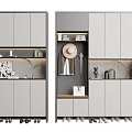 Modern Light Gray Shoe Cabinet With Multiple Doors Open Shelves And Decorative Elements 3d model