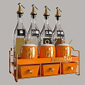 Spice Bottles Arranged On Orange Rack With Storage Jars And Gold Pumps