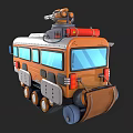 Cartoon Style Orange School Bus With Tracks And Mechanical Top Device