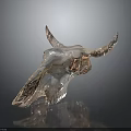 Silver Metallic Cow Skull With Detailed Horns On Reflective Dark Background