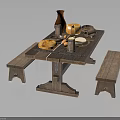 Rustic Wooden Table And Bench With Fresh Bread Cheese Eggs Mugs Bowls And Clay Vase