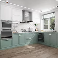 Modern Kitchen Interior With Light Green Cabinets White Brick Backsplash And Stainless Steel Appliances