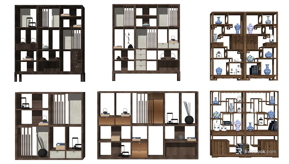 Different Chinese Display Shelf Designs With Books Vases And Decorative Ornaments For Home Decor 3d model 