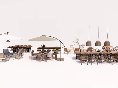 Wooden Outdoor Chairs with Dining Tables Umbrella and Hanging Lights for Patio Seating Area 3d model