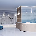 Modern Hotel Lobby With Wooden Reception Desk Sofa Seating Hanging Pendant Lights And Stylish Wall Design