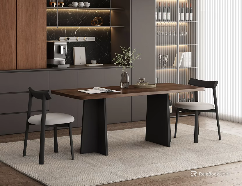 Modern Walnut Dining Table Set with Black Chairs Light Cushions Wooden Cabinets Green Plant Rug 3d model 