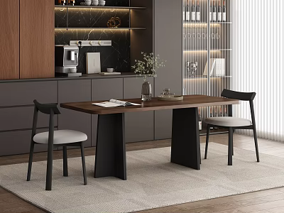 Modern Walnut Dining Table Set with Black Chairs Light Cushions Wooden Cabinets Green Plant Rug 3d model