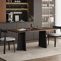 Modern Walnut Dining Table Set with Black Chairs Light Cushions Wooden Cabinets Green Plant Rug