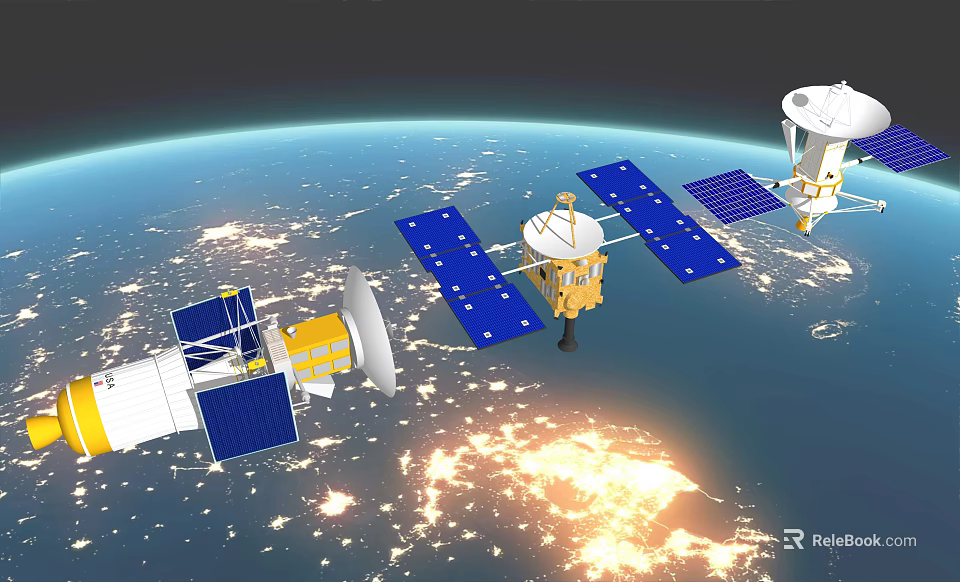 Communication Satellites High Above Earth With Solar Panels And Antennas 3d model 