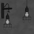 Industrial Style Black Wall Lamp And Pendant Light With Wire Cage On Brown Wall