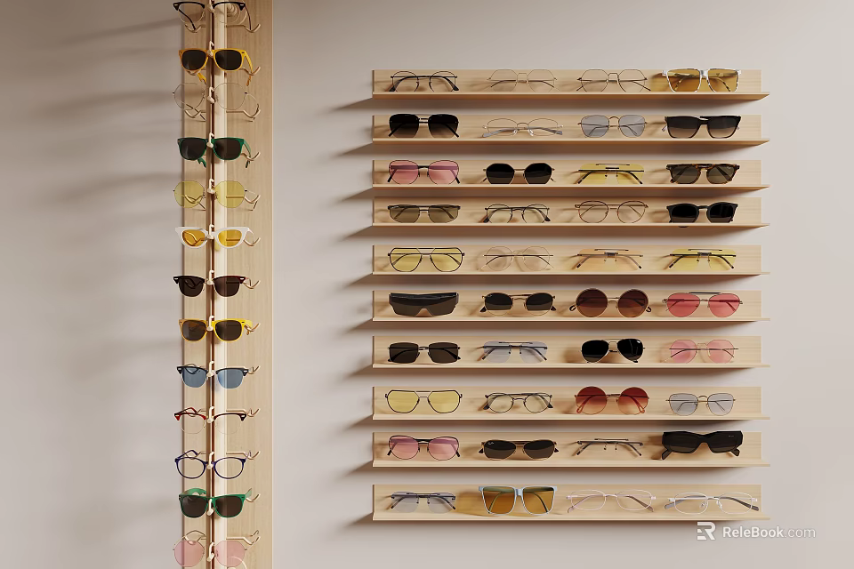 Various Styles of Multicolored Sunglasses Neatly Organized on Wooden Display Shelves 3d model 