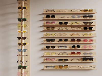 Various Styles of Multicolored Sunglasses Neatly Organized on Wooden Display Shelves 3d model