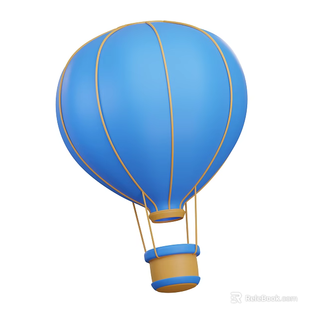 Blue Hot Air Balloon With Yellow Stripes And Hanging Basket Structure 3d model 