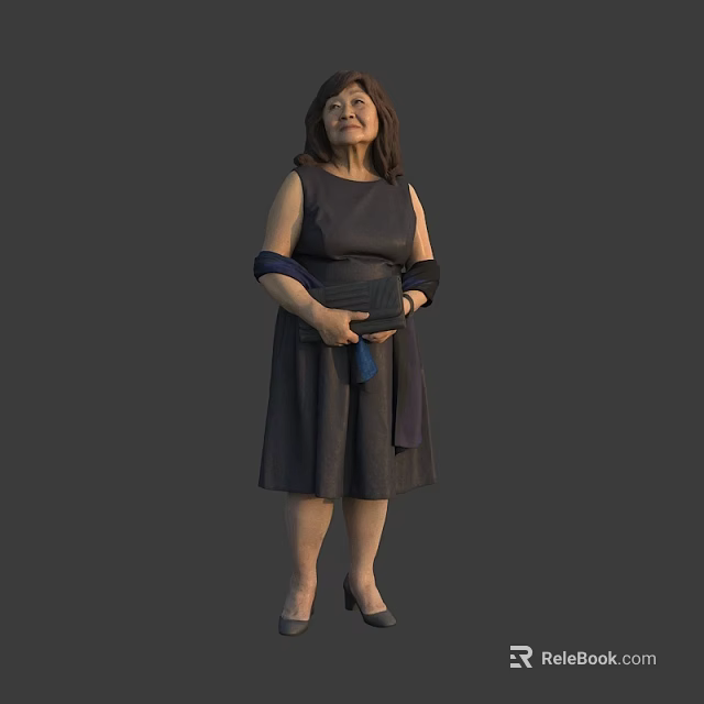 A Woman in Dark Dress Holding Blue Item Wearing High Heels Against Gray Background 3d model 
