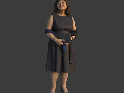 A Woman in Dark Dress Holding Blue Item Wearing High Heels Against Gray Background 3d model