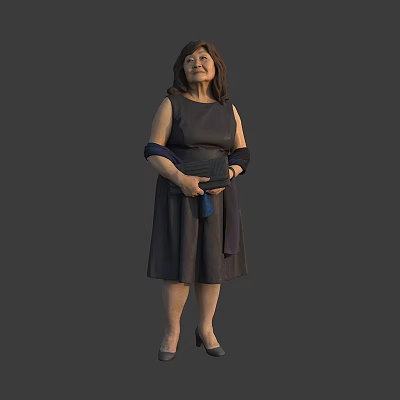 A Woman in Dark Dress Holding Blue Item Wearing High Heels Against Gray Background 3d model