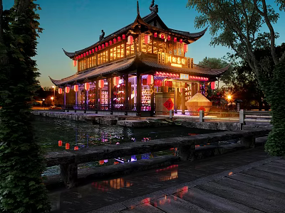 Ancient Chinese Architectural Building By Water At Night With Lights And Reflections 3d model