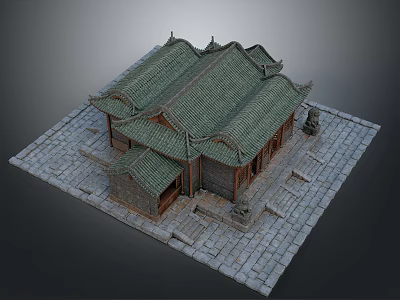 Traditional Chinese Architecture With Green Tile Roof Curved Eaves Wooden Structure And Stone Base 3d model