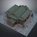 Traditional Chinese Architecture With Green Tile Roof Curved Eaves Wooden Structure And Stone Base