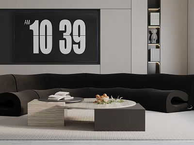 Black Three Seater Sofa in Modern Living Room with Round Coffee Table Books and Fruits 3d model