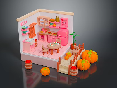 Modern Toy Kitchen Scene With Pink Furniture Pumpkins And Wooden Barrels 3d model
