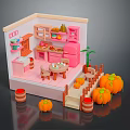 Modern Toy Kitchen Scene With Pink Furniture Pumpkins And Wooden Barrels