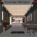Energy Burger Restaurant Interior Design With Red Gray Decor Seating And Posters 3d model