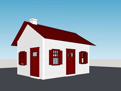 White House Exterior With Red Roof Red Doors Red Shutters And White Chimney 3d model