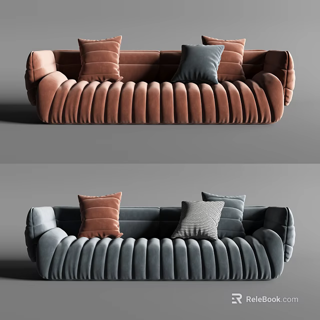 Modern Ribbed Velvet Sectional Sofa With Brown And Gray Decorative Pillows 3d model 