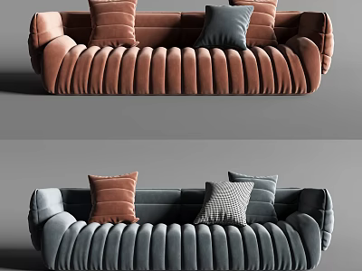 Modern Ribbed Velvet Sectional Sofa With Brown And Gray Decorative Pillows 3d model